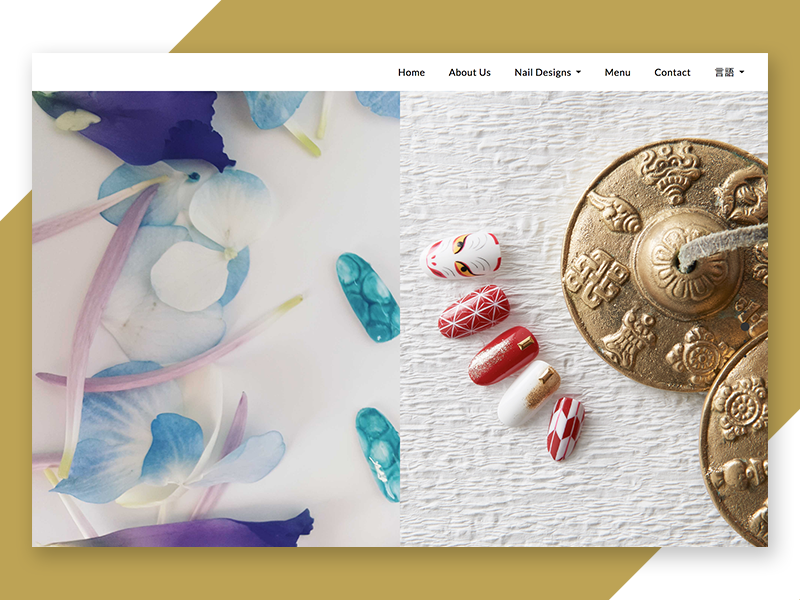 Webpage of blue nails next to flowers. Red nails beside a tingsha. UI design by Katherine Delorme.