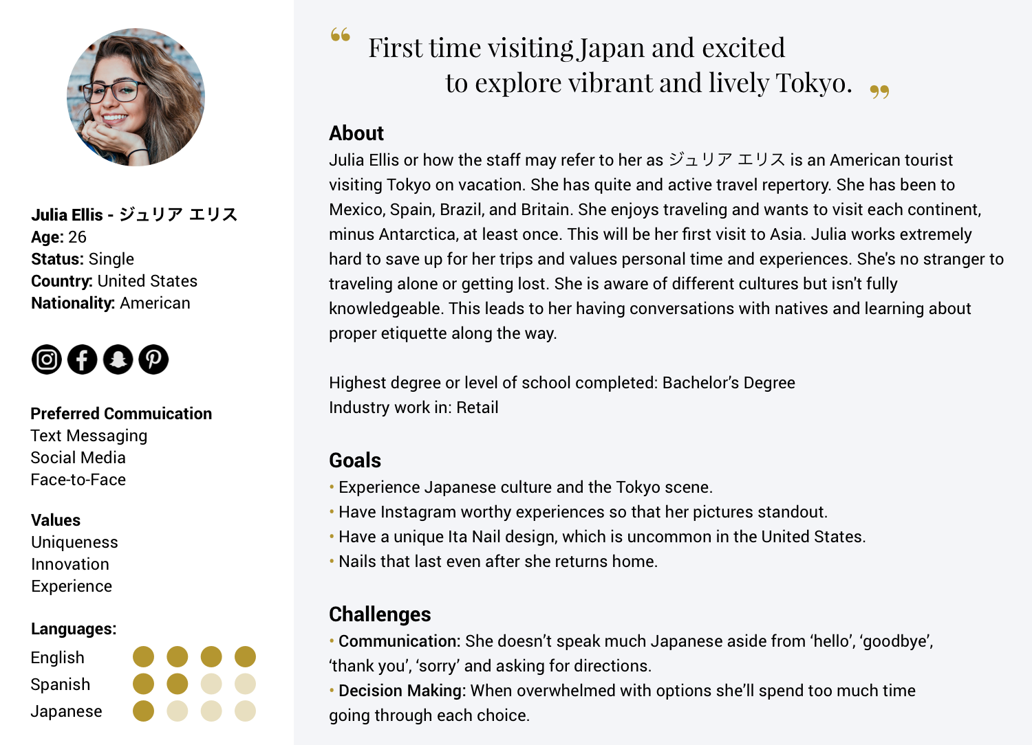 American Persona - Julia Ellis. UI & UX research and design by Katherine Delorme.