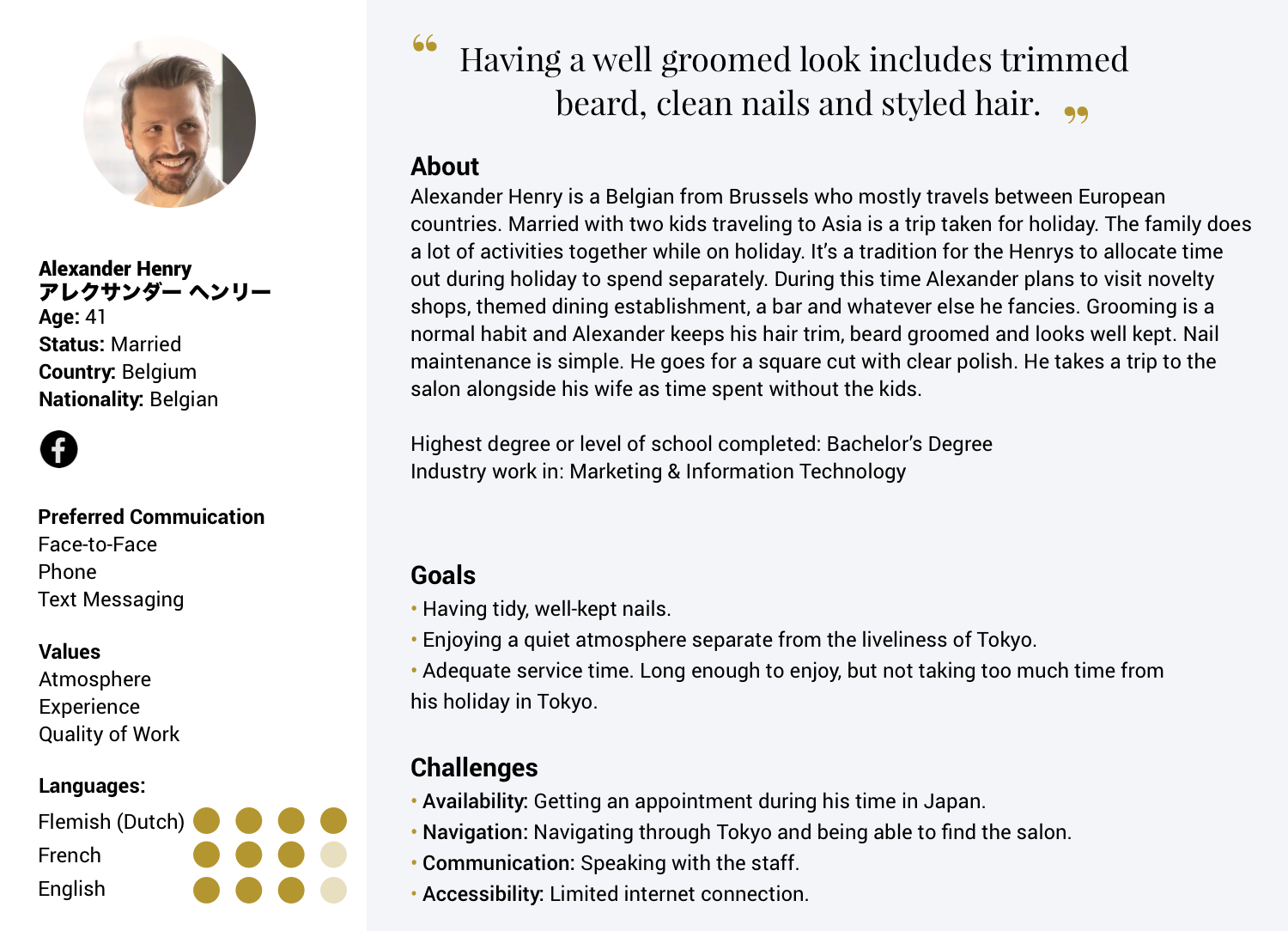 European Persona - Alexander Henry. UI & UX research and design by Katherine Delorme.